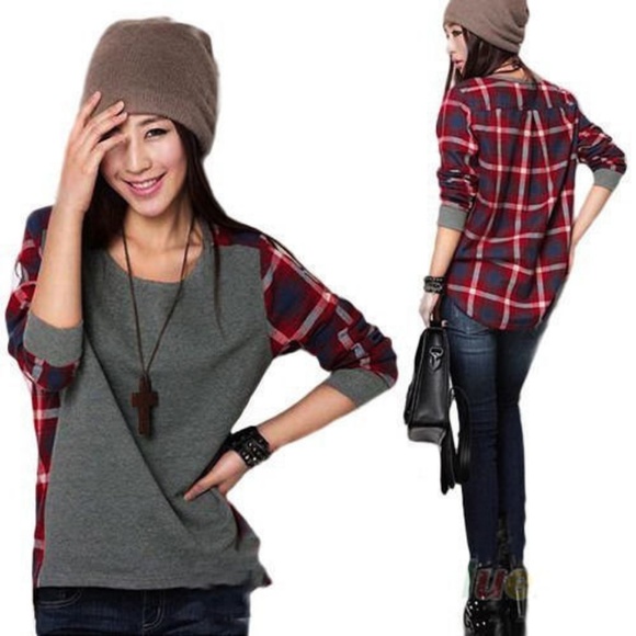 Long Sleeve High Low Gray Plaid Color Block  Shirt - Picture 2 of 8